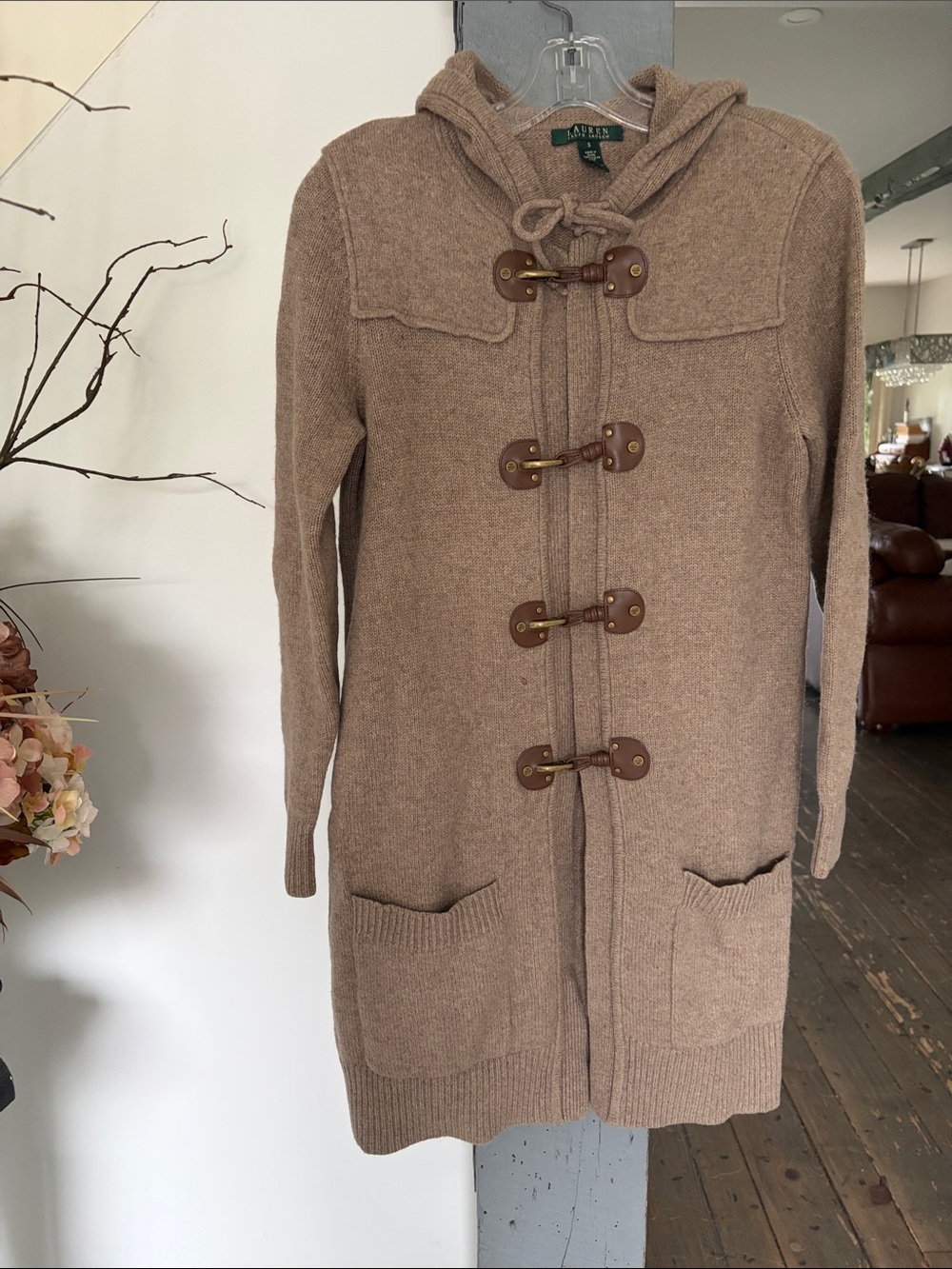 Lauren Ralph Lauren Taupe Knit Hooded Toggle Coat